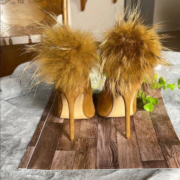 Brown Suede Stiletto Heels with Pom-Pom Embellishment - Picture 2 of 9